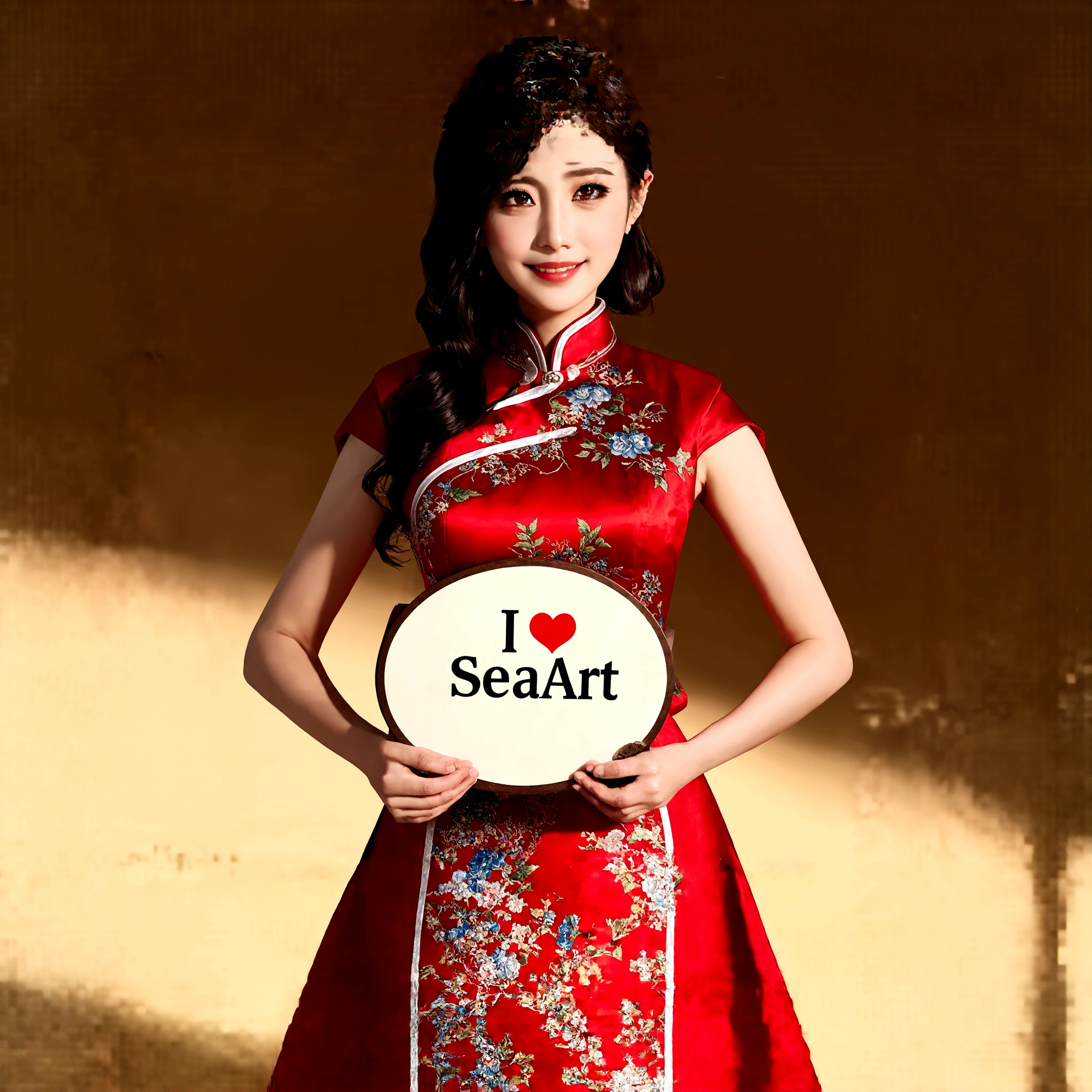 a beautiful detailed asian girl in a beautiful red cheongsam dress, intricate floral patterns, elegant pose, holding a board on which "I love SeaArt" is written, serene expression, natural lighting, dramatic shadows, warm color palette, delicate fabric textures, ultra-detailed, 8k, high resolution, photorealistic, masterpiece