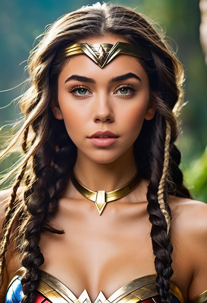 (((Extreme close-up Madison Beer under the mantle of the Amazon warrior Wonder Woman dreadlocks surreal and cinematic images color Splash))),(((Front Images)))