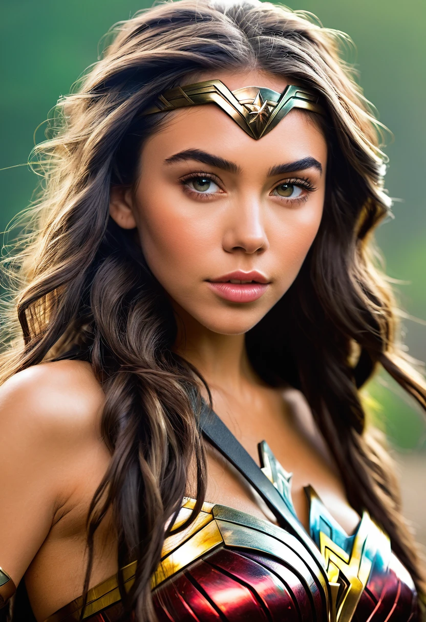 (((Extreme close-up Madison Beer under the mantle of the Amazon warrior Wonder Woman dreadlocks surreal and cinematic images color Splash))),(((Front Images)))