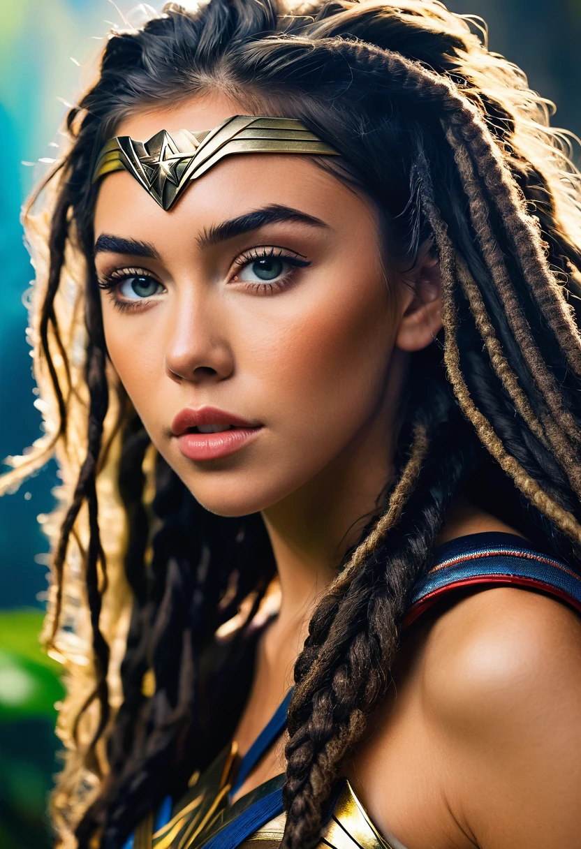 (((Extreme close-up Madison Beer under the mantle of the Amazon warrior Wonder Woman dreadlocks surreal and cinematic images color Splash))),(((Front Images)))