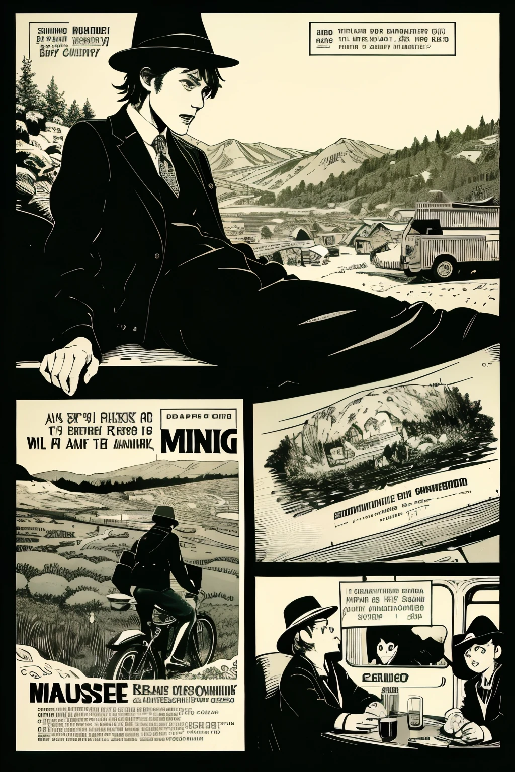 ((Highest quality)), ((masterpiece)), (detailed), Riding in the back of a camper、traveller、Snufkin、Monochrome、Jacket illustration、Comic style、Monoeyes CD jacket style、Black and white comics