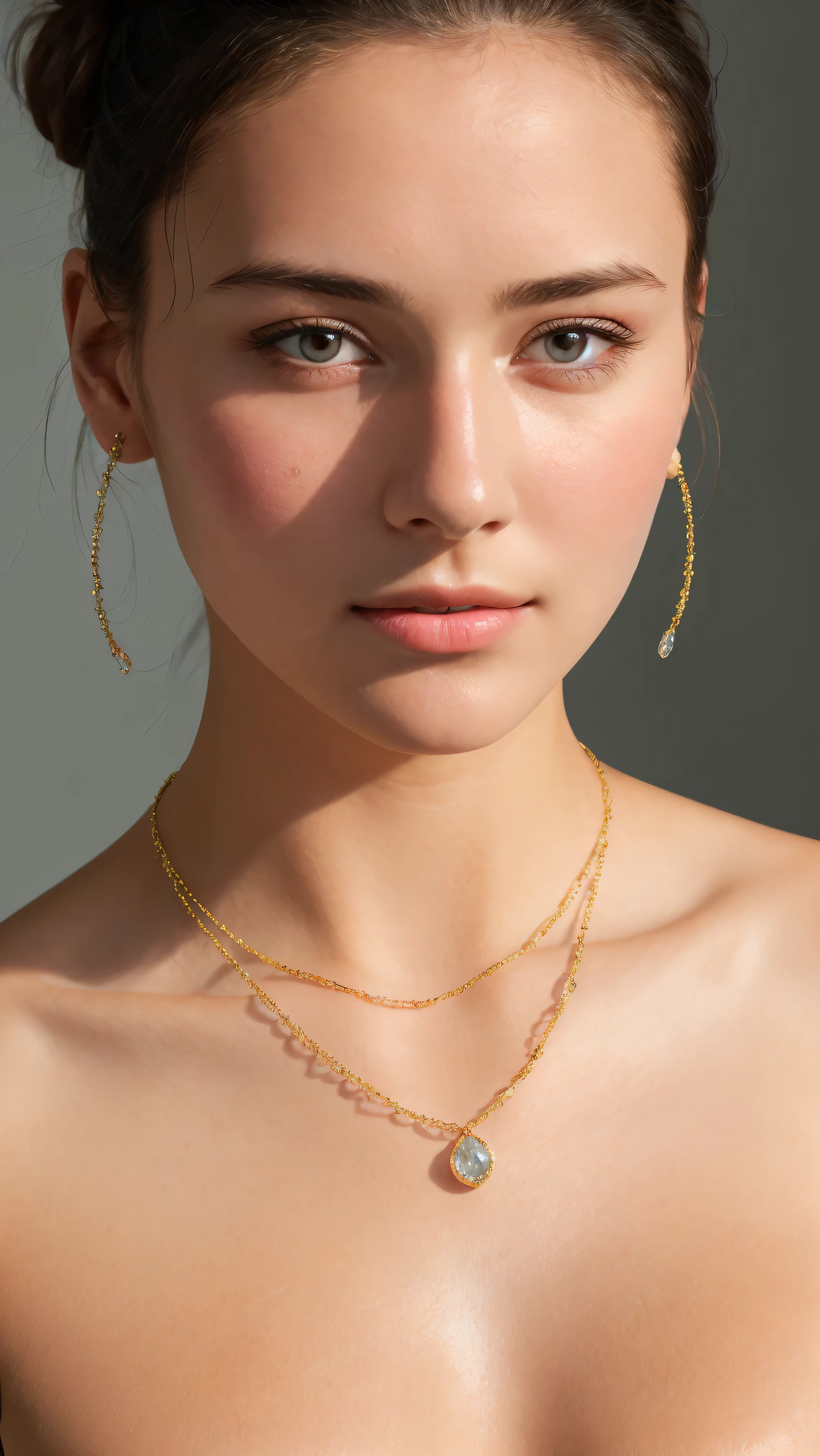 Portraiture, 20 year old brunette german girl, Sexy and attractive expression, Wearing a pink shirt, Messy bun, 8k, highest quality, masterpiece, (Looking into the camera:1.3), photograph, (beautiful), realistic skin, realistic skin texture, football shape breast, football size breast, long breast , tight breast, huge breast, breast detailing fair, bright, hot, sweat, clear water drops scrolling from face, hot weather, summer, nose ornament, wearing gold jewelery, dimond necklace,