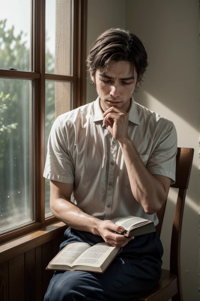 "A man is sitting facing a window, holding the Holy Bible with both hands. He has tears running down his face, your eyes express deep emotion and reflection. Soft late afternoon light streams in through the window, partially illuminating his face and the Bible he holds. The environment is simple and welcoming, with a wooden chair and a table nearby. The man's expression conveys a sense of vulnerability and spirituality, as he seeks solace and hope in the sacred words."
