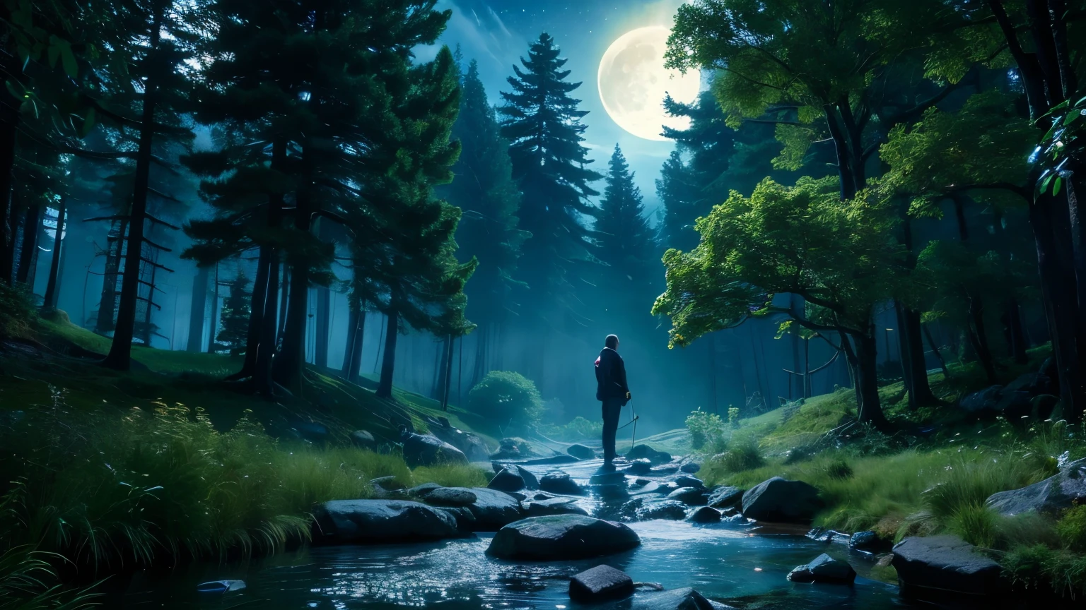 Surreal, otherworldly, illustration of a supernatural scene with a huge crystal tree full body, highly detailed and magical lighting, beautiful moonlit night, intricate forest details, surrounding vegetation and river, solarpunk, landscape, huge tree, beautiful foliage with beautiful lighting and realistic proportions, like a movie background, 8k, top quality, masterpiece, sky with clouds and stars. Big moon in the background, cinematic moonlit night with a stream flowing in that forest, mysterious and cinematic.
