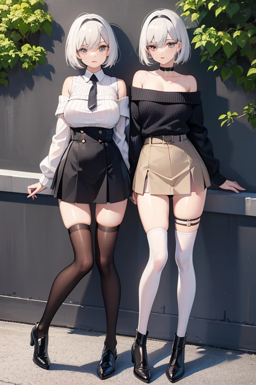 short skirt knee-high socks choker off-shoulder sweater large breasts, slim waist, large ass, slender legs
