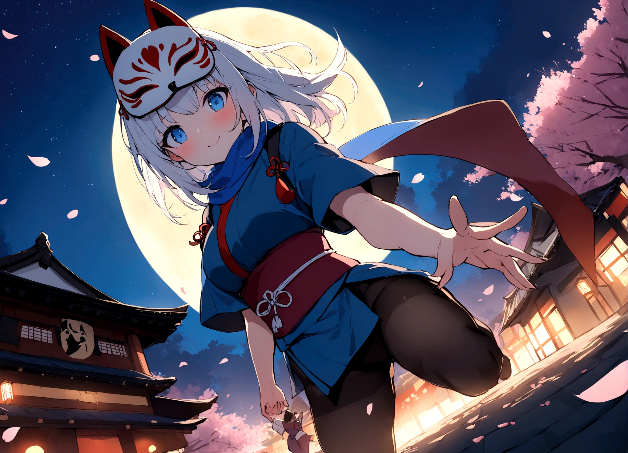 (masterpiece, best quality:1.2), 1girl, 独奏,Wolf girl, fox mask, ninja, girl, long white hair, odd eyes, blue kimono, ninja girl, red and blue scarf,Dancing Cherry Blossoms,Full moon backlighting, light coming in, fantastic atmosphere.Kyoto、Starry sky and full moon、Black fox mask、Fisheye Lens、Dynamic Angles、Shinobi no Sato、Cherry tree in full bloom、Cherry Blossoms at Night、festival
