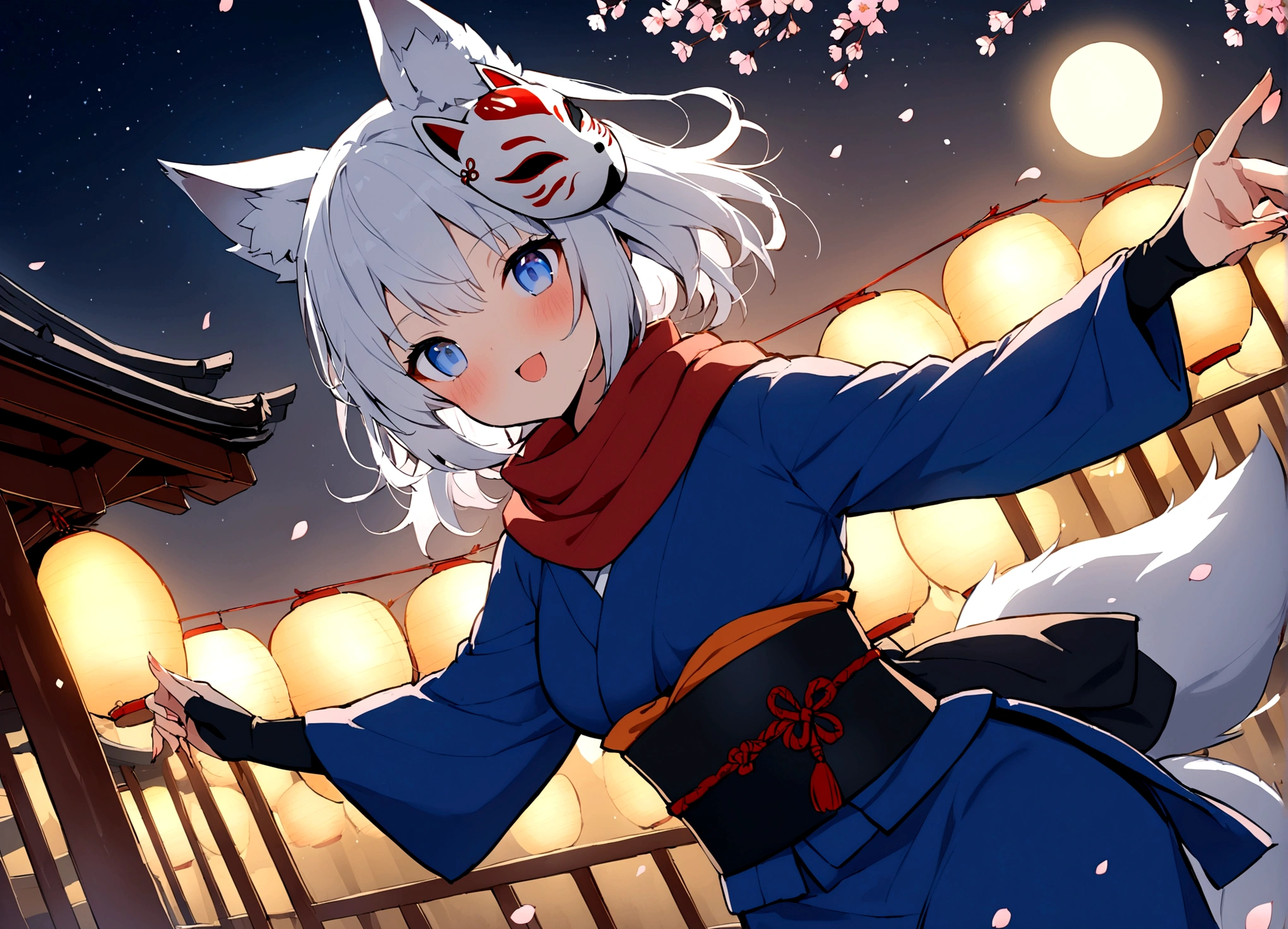 (masterpiece, best quality:1.2), 1girl, 独奏,Wolf girl, fox mask, ninja, girl, long white hair, odd eyes, blue kimono, ninja girl, red and blue scarf,Dancing Cherry Blossoms,Full moon backlighting, light coming in, fantastic atmosphere.Kyoto、Starry sky and full moon、Black fox mask、Fisheye Lens、Dynamic Angles、Shinobi no Sato、Cherry tree in full bloom、Cherry Blossoms at Night、festival
