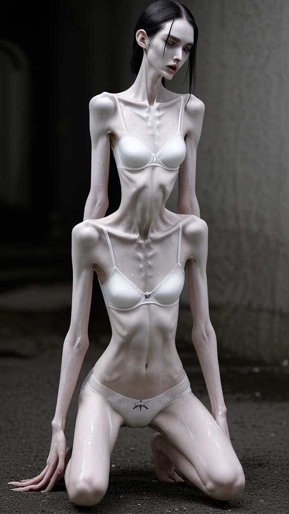 a woman, very thin body, body visible bones, very slender, sweaty wet body, pale white skin, , ,tatto, full body, has a mental breakdown in an underground prison, kneeling down
