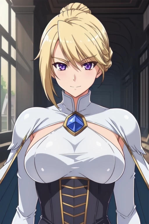 1girl,,big breasts,standing in ruined city,(8k),scratches,detailed face,blond hair,purple eyes,short hair,embarassed,small smile face,bun,hair, high_res, high_definition,the battlefield,battle pose,white corset,white cape,white gloves, (Emma Frost Custome:1.1),