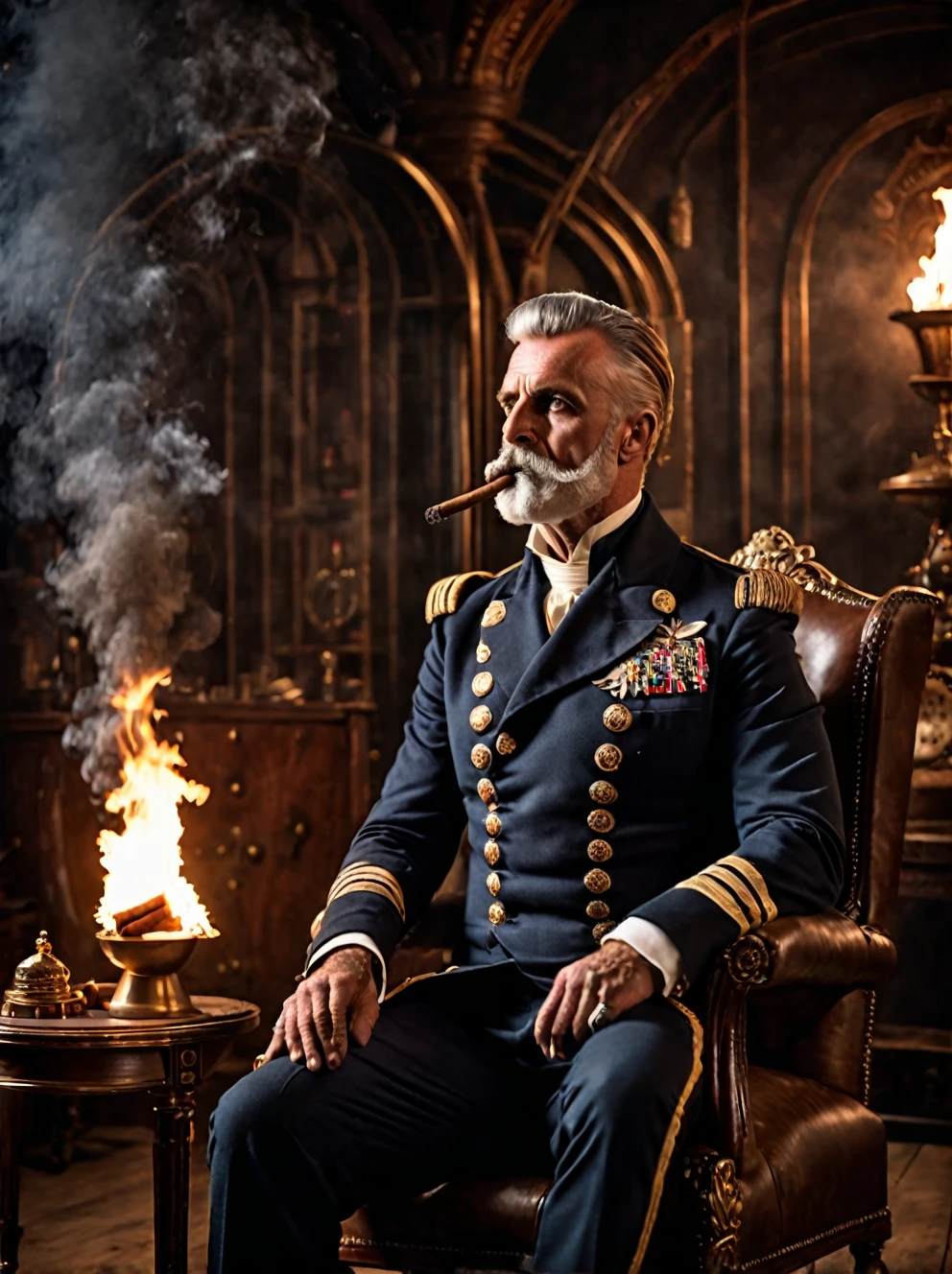 photo focus on male focus, indoors, realistic scenery, (captain nemo:1.1), smoking, exploding cigar, cigar on fire, van der graph generator, sparks, close-up, arch, chair, loaded military uniform, steampunk nautilus-style. very wide shot, character photo portrait, film, professional, 4k, highly detailed,
