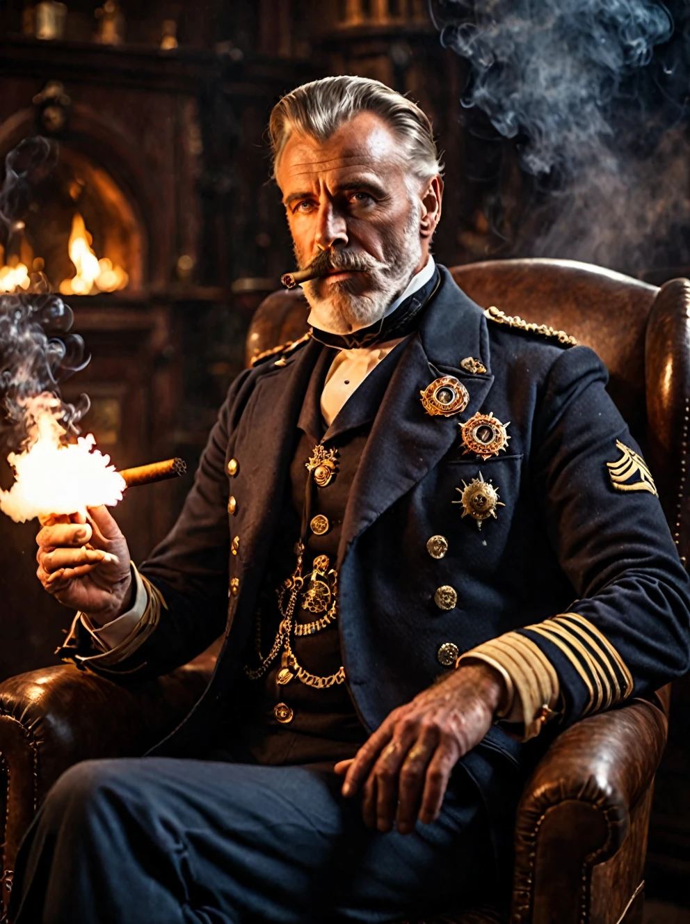 photo focus on male focus, indoors, realistic scenery, (captain nemo:1.1),  smoking,  exploding cigar, cigar on fire, van der graph generator, sparks, close-up, arch, chair, loaded military uniform, steampunk nautilus-style. very wide shot, character photo portrait, film, professional, 4k, highly detailed, 