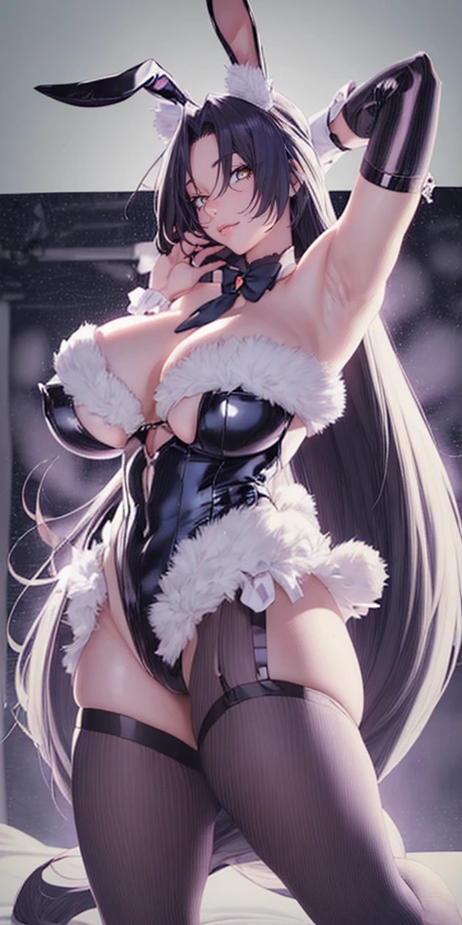 animal_ears, bunnysuit, bunny_ears, breasts, 1girl, long_hair, leotard, black_leotard, bunny_girl, very_long_hair, thighhighs, strapless_leotard, thick_thighs, thighs, necktie, parted bangs, black_legwear, detached_collar, huge_breasts, strapless, fake_animal_ears, wrist_cuffs, bunny_pose, cleavage, black_hair, highleg, detached_sleeves, looking_at_viewer, parted_bangs, curvy, bare_shoulders, low-tied_long_hair