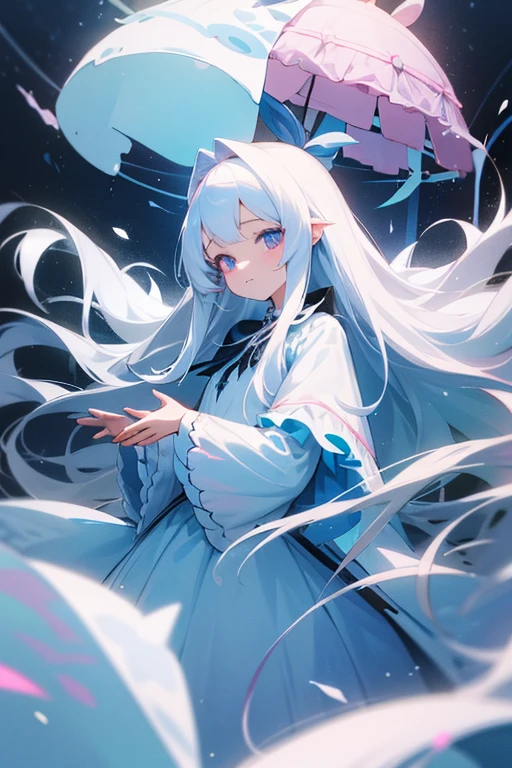 A young girl with long straight white hair。Droopy eyes and ephemeral appearance、Ice blue and pink odd eyes。A princess with the ability to control snow。spirit。sacred、beautiful、cute ta Dresses、I like rabbits