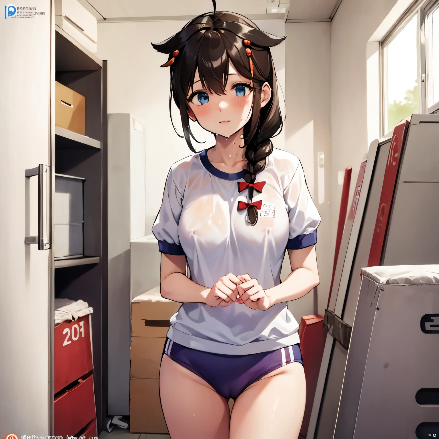 gym storeroom, shigure, ahoge, brown hair, blue eyes, braid, hair ornament, hair over shoulder, long hair, single braid, hair flaps, (masterpiece, best quality:1.2), illustration,8K,HD,long hair, single braid, Clenched fist、White panties、White gym clothes、Panty Peep, good, Wet, From below、Folded up gym clothes、Camel Toe、topless