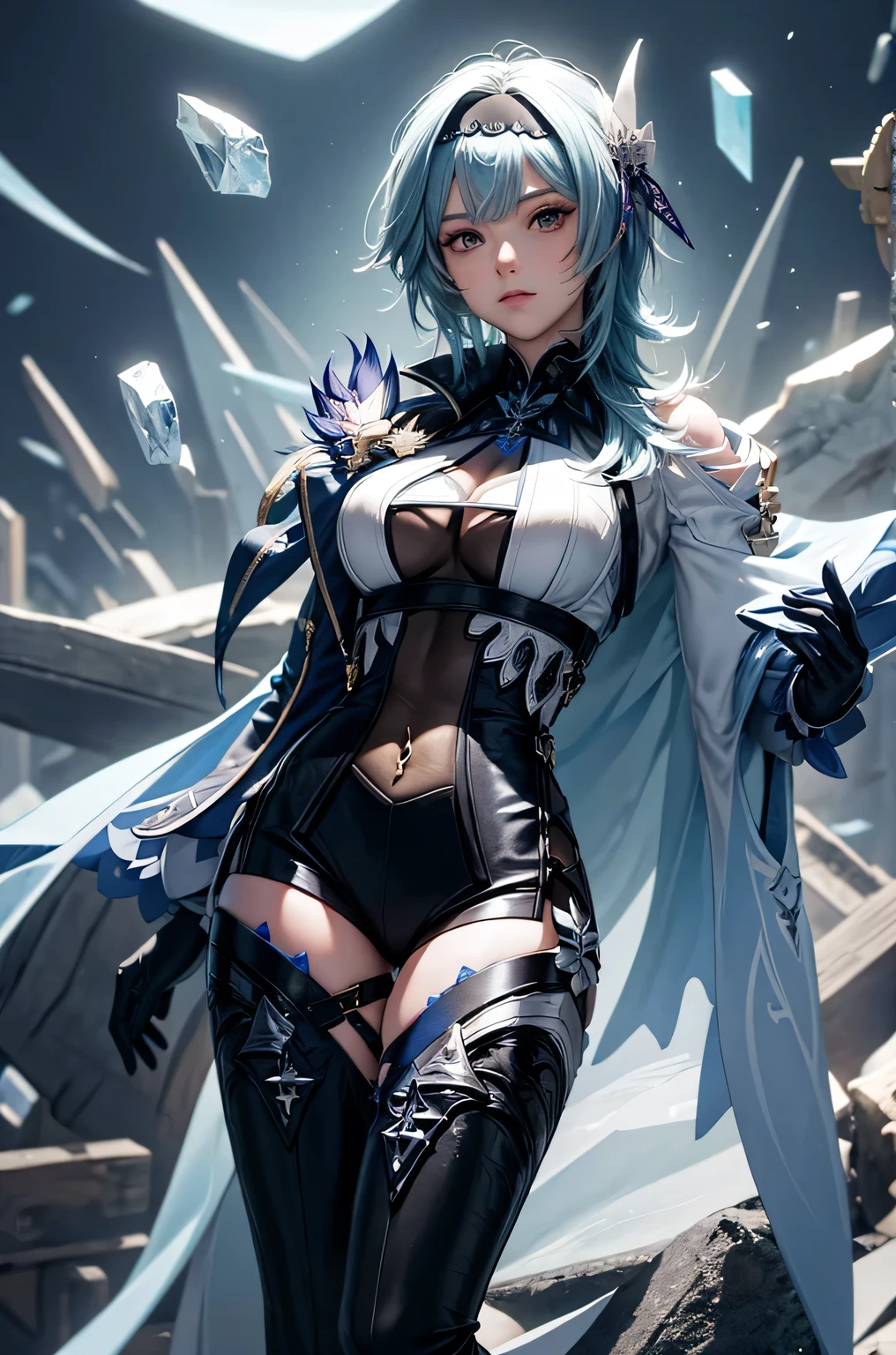 ((euladef)):1.5,((masterpiece,Highest quality,Highly detailed images,Beautiful images))1.4(Huge crystal in the background、Overall dim lighting、Backlight、A fantastic atmosphere、Thick Fog、Dust flutters)1.3,(Close-up image of eula)1.1、(Beautiful cleavage、Exposing cleavage)Mr.々A pose