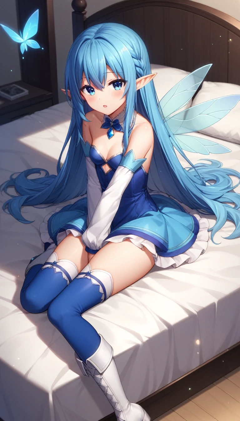 asunayuuki, AsunaALOAlt, As Yuuki, Long Hair, blue eyes, Blue Hair, Pointed Ears, Fairy, (Small breasts:1.2),
break thighhighs, dress, boots, Removable sleeves, zettai ryouiki, White footwear, Blue knee socks,
break indoors, bed, bedroom,
break looking at viewer, break (masterpiece:1.2), Highest quality, High resolution, unity 8k wallpaper, (figure:0.8), (Beautiful attention to detail:1.6), Highly detailed face, Perfect lighting, Highly detailed CG, (Perfect hands, Perfect Anatomy),