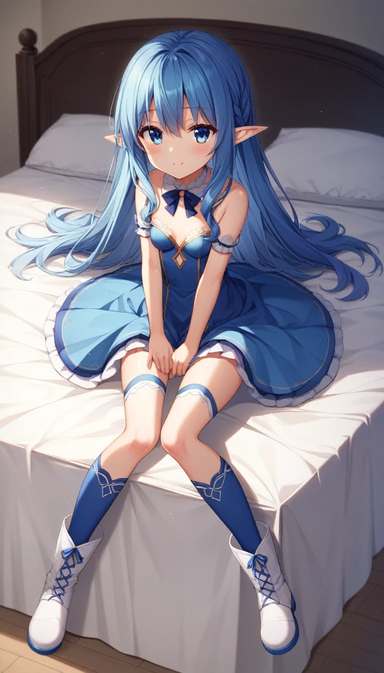 asunayuuki, AsunaALOAlt, As Yuuki, Long Hair, blue eyes, Blue Hair, Pointed Ears, Fairy, (Small breasts:1.2),
break thighhighs, dress, boots, Removable sleeves, zettai ryouiki, White footwear, Blue knee socks,
break indoors, bed, bedroom,
break looking at viewer, break (masterpiece:1.2), Highest quality, High resolution, unity 8k wallpaper, (figure:0.8), (Beautiful attention to detail:1.6), Highly detailed face, Perfect lighting, Highly detailed CG, (Perfect hands, Perfect Anatomy),