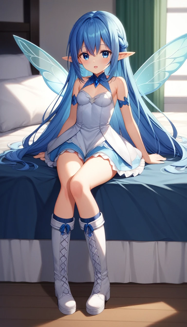 asunayuuki, AsunaALOAlt, As Yuuki, Long Hair, blue eyes, Blue Hair, Pointed Ears, Fairy, (Small breasts:1.2),
break thighhighs, dress, boots, Removable sleeves, zettai ryouiki, White footwear, Blue knee socks,
break indoors, bed, bedroom,
break looking at viewer, break (masterpiece:1.2), Highest quality, High resolution, unity 8k wallpaper, (figure:0.8), (Beautiful attention to detail:1.6), Highly detailed face, Perfect lighting, Highly detailed CG, (Perfect hands, Perfect Anatomy),