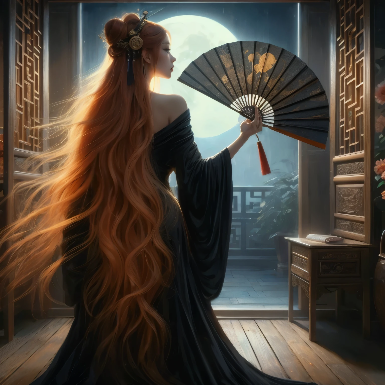 An ultra beautiful Asian woman long red-golden blonde hair, holding a very ultra ornate long black ancient liquored Asian fighting fan, wearing a long black Chinese women's dressing gown, in a darkened room of moonlight streak in through the opened balcony window, Chinese garden, night sky, black ink, in the style of Caravaggio, Fan Zhongzheng, and Da Vinci, 8k resolution, hyperdetailed, photorealistic, an oil painting art style, Sfumato,