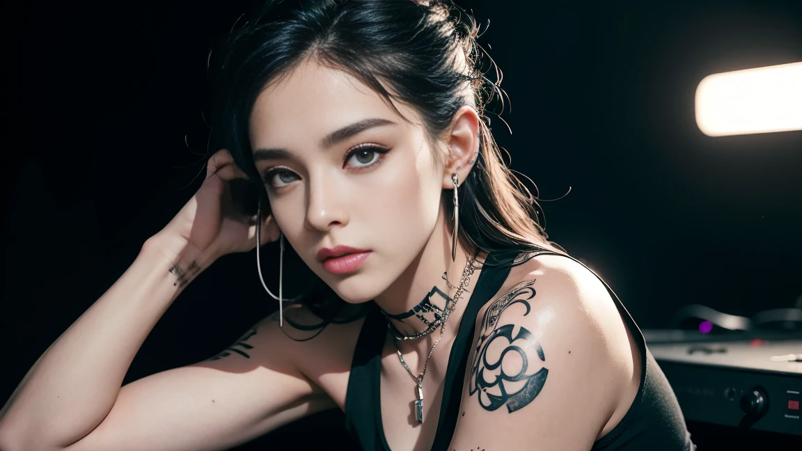 techno music, house music, dancing girls, DJ girl, Hang the headphones from her neck, realistic, high res, tank top, tattoos, piercing, brads, live music, class, Nightclub DJ, Dancing Inspired, Looking at Camera, Wide shooting, cinema lens, skin glowing,