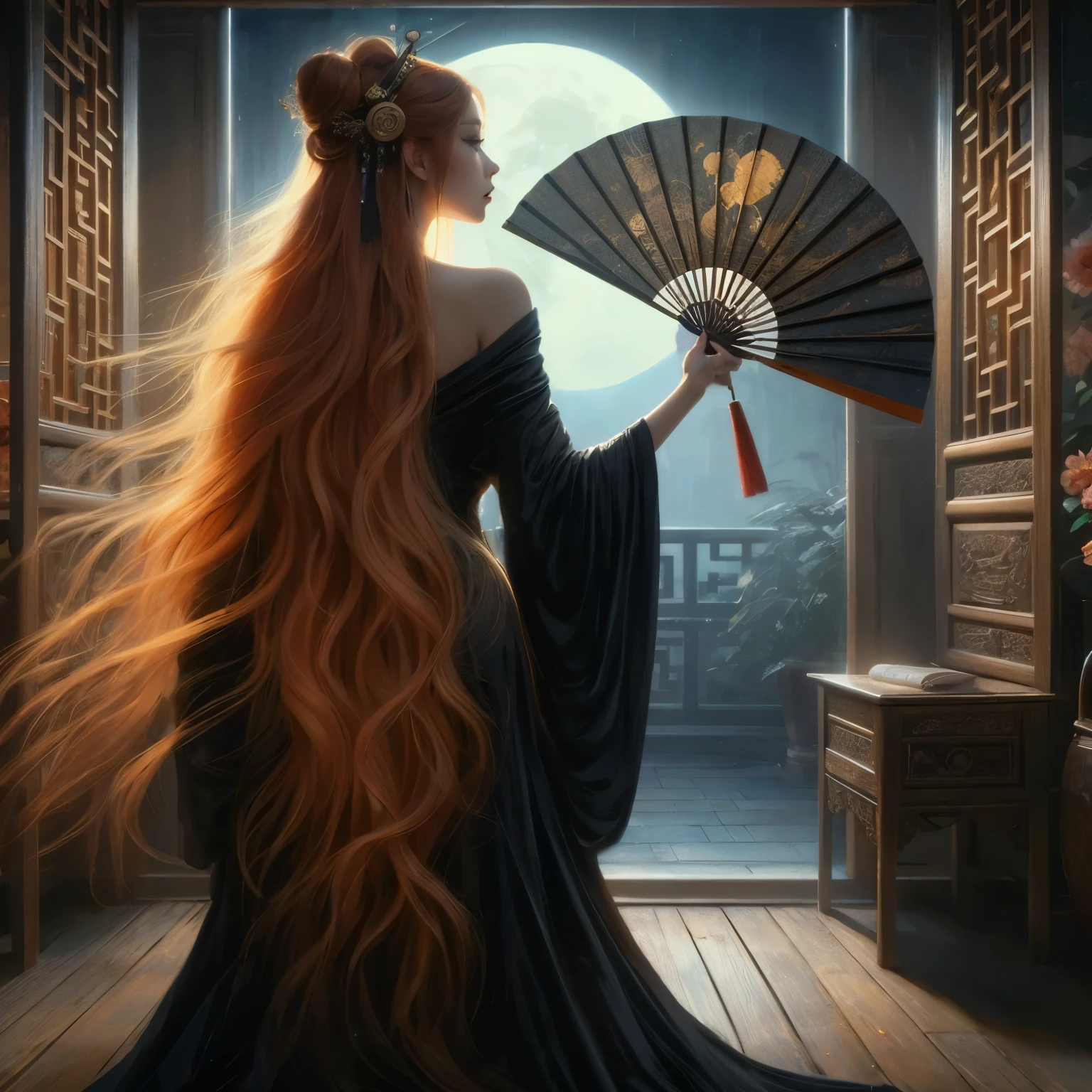 An ultra beautiful Asian woman long red-golden blonde hair, holding a very ultra ornate long black ancient liquored Asian fighting fan, wearing a long black Chinese women's dressing gown, in a darkened room of moonlight streak in through the opened balcony window, Chinese garden, night sky, black ink, in the style of Caravaggio, Fan Zhongzheng, and Da Vinci, 8k resolution, hyperdetailed, photorealistic, an oil painting art style, Sfumato,