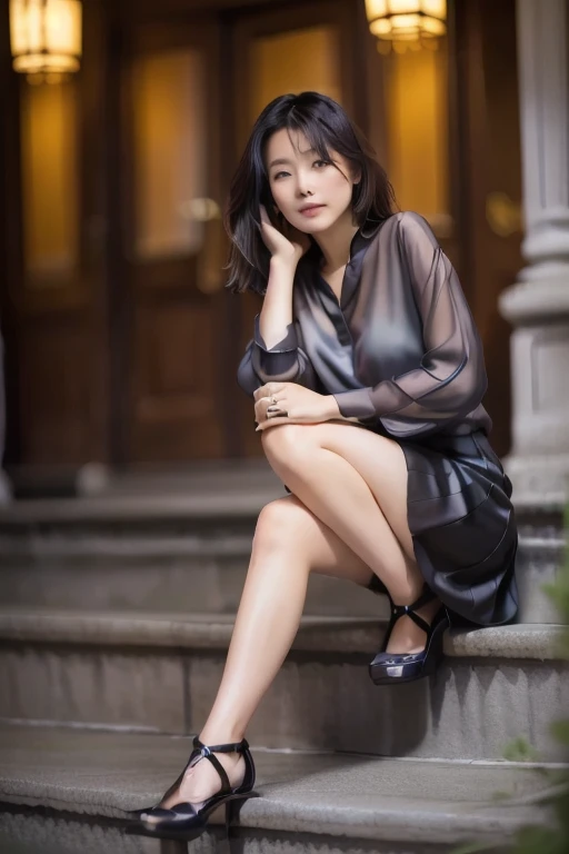 There is a woman sitting on the steps of a building., Elegant Japan Woman, 座っている美しいAsian Woman, Wearing a black skirt, Woman sitting, Shiny grey blouse, Outdoor business portrait, Shot with Canon EOS 5D mark iv, Shot with Canon EOS 5D, 若いAsian Woman, Woman posing, Shot with Sony A7R camera, Asian Woman