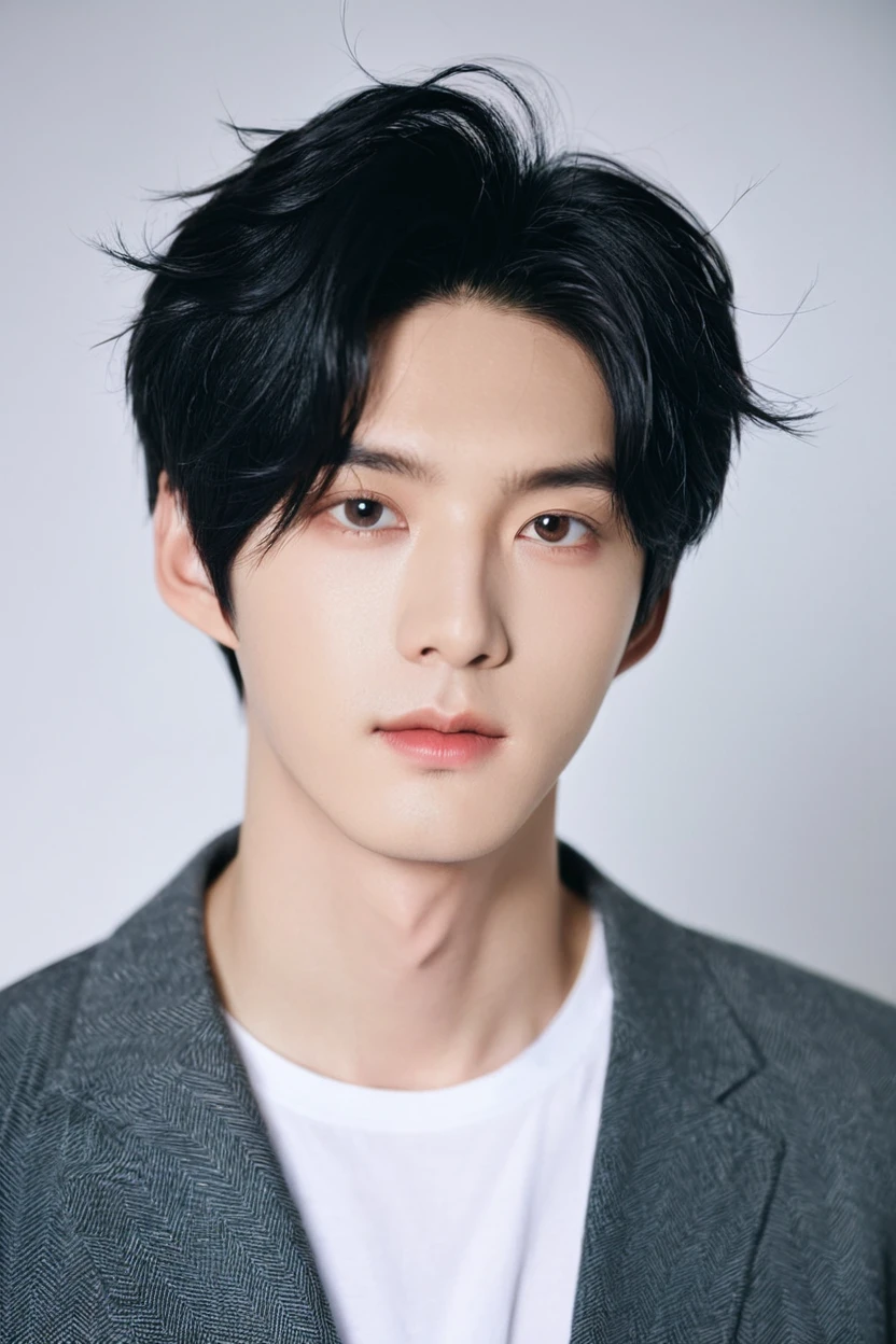 1 boy, Young man with black hair, Korean male idol, Looking at the camera lovingly, Levi Ackerman, Medium Portrait Soft Light, hack, Beautiful Model, Oval face, vivid