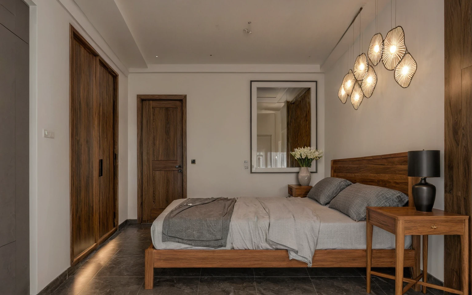 Raw photo,Masterpiece, high quality, best quality, authentic, super detail, interior, indoors, dinning room, kitchen room, style Indochine modern, minimalist line, aiaigroup , wooden, walnut veneer wood, led light, white paint wall, sofa, BED RooM