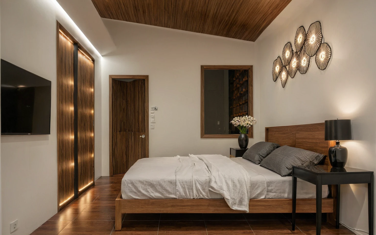 Raw photo,Masterpiece, high quality, best quality, authentic, super detail, interior, indoors, dinning room, kitchen room, style Indochine modern, minimalist line, aiaigroup , wooden, walnut veneer wood, led light, white paint wall, sofa, BED RooM