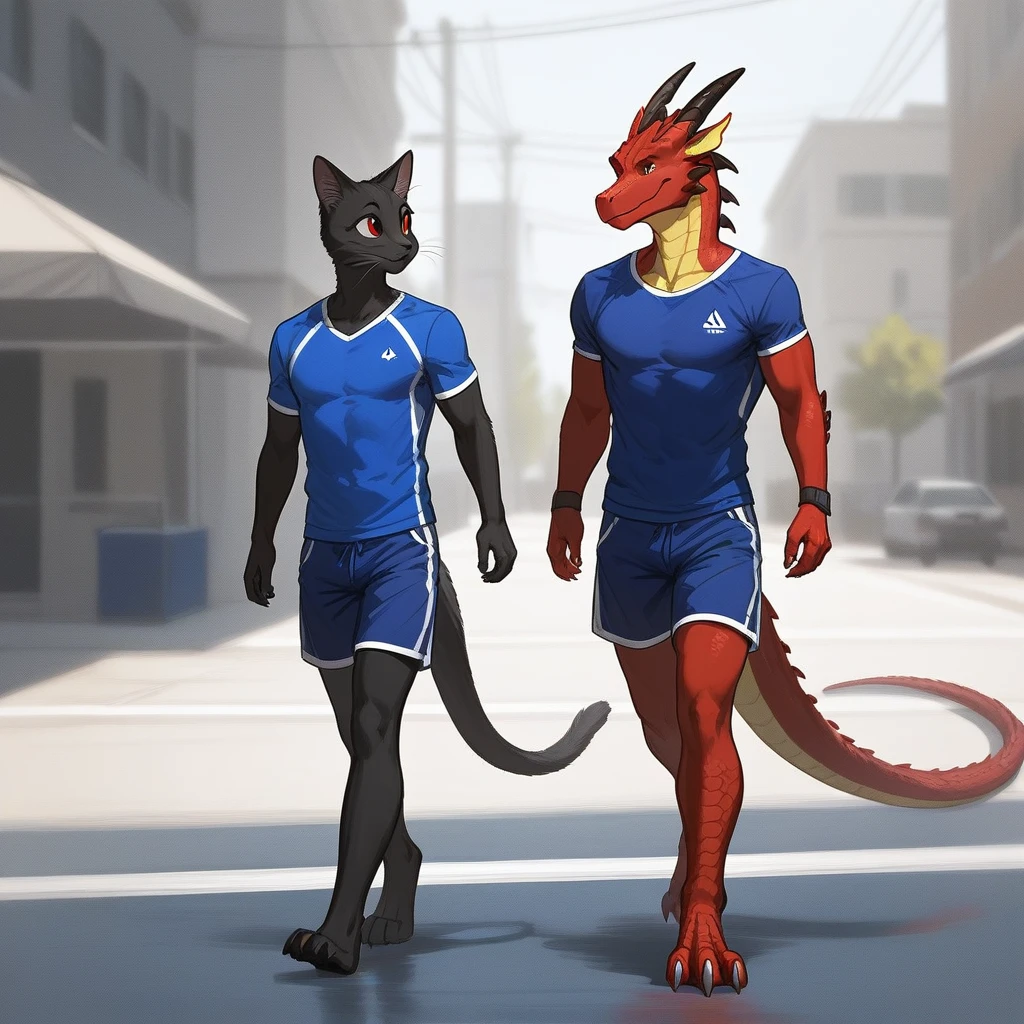 Duo, Score_9, score_8_up, an anthro dragon male, tall, athletic body, black and red dragon male, (black and red scaley body):1.3, black dragon, red eyes, he is wearing a blue sports shirt and shorts, walking, looking to his left at other character, he is with an Anthro furry female cat girl, they are outdoors, simple background, upper body shot,