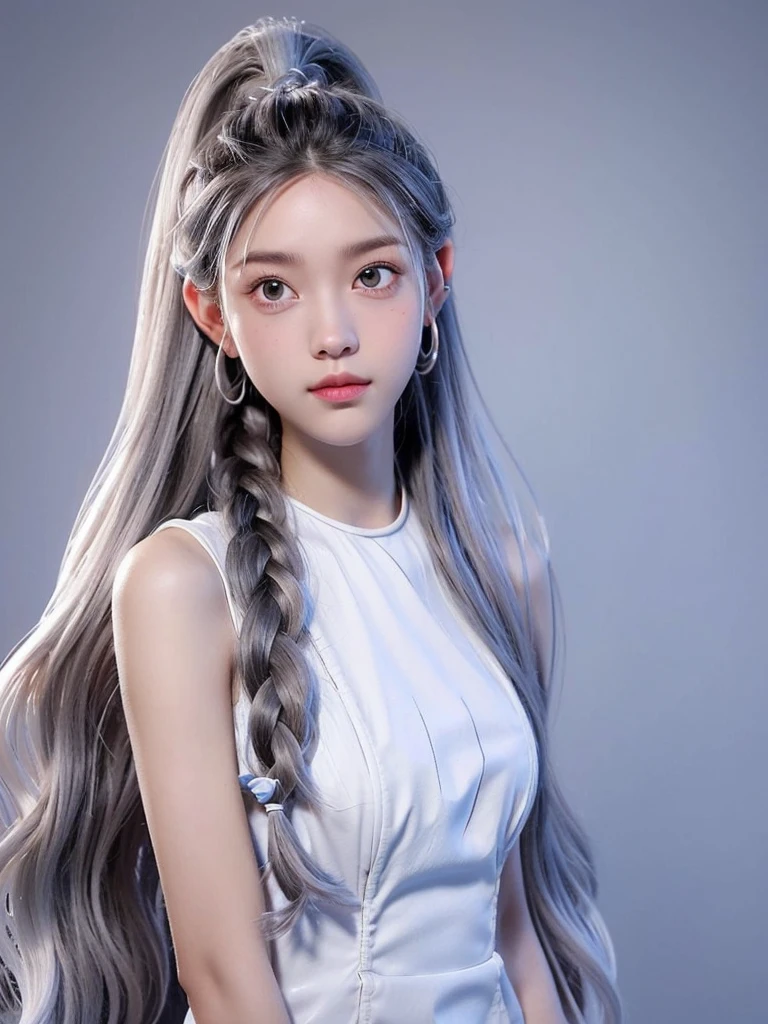 Millicent is a 21 year old young woman.., Tall and fit physique. He has light skin and gray eyes with small pupils... Long wavy white hair braided in a high ponytail with many small braids.. It has long and pointed ears. Described as an incredibly beautiful girl.. Prefers to wear black clothes., gray and white colors. 8k.