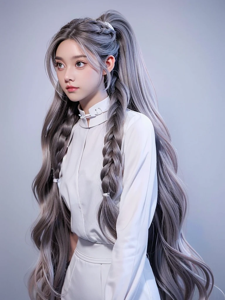 Millicent is a 21 year old young woman.., Tall and fit physique. He has light skin and gray eyes with small pupils... Long wavy white hair braided in a high ponytail with many small braids.. It has long and pointed ears. Described as an incredibly beautiful girl.. Prefers to wear black clothes., gray and white colors. 8k.