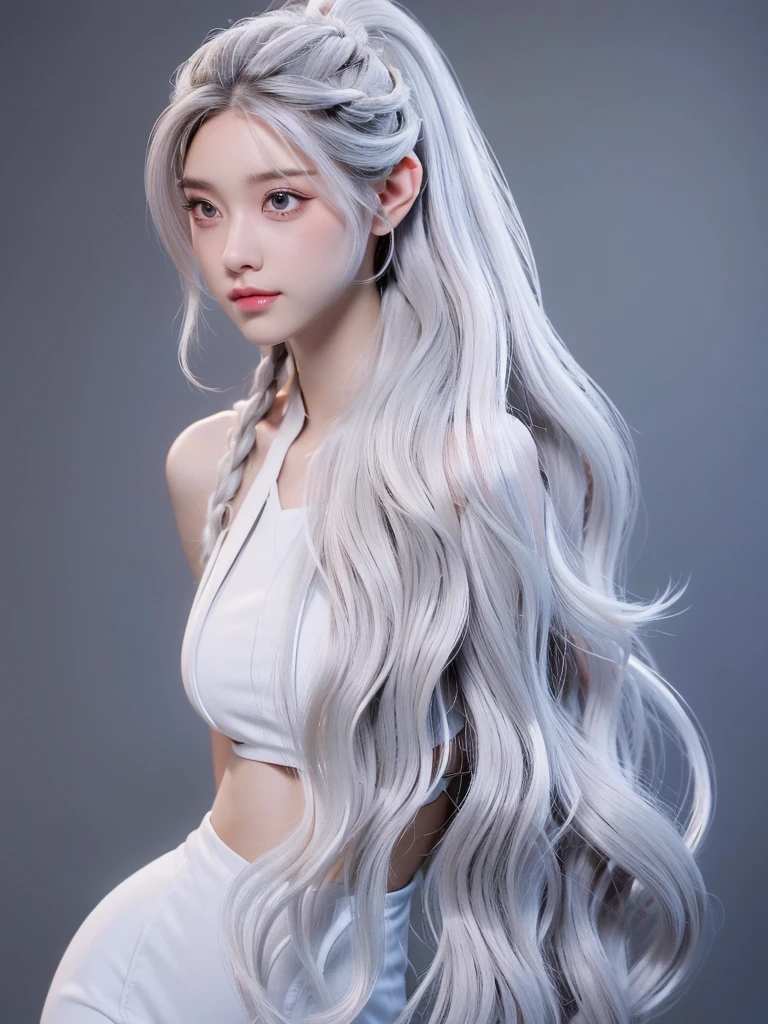 Millicent is a 21 year old young woman.., Tall and fit physique. He has light skin and gray eyes with small pupils... Long wavy white hair braided in a high ponytail with many small braids.. It has long and pointed ears. Described as an incredibly beautiful girl.. Prefers to wear black clothes., gray and white colors. 8k.