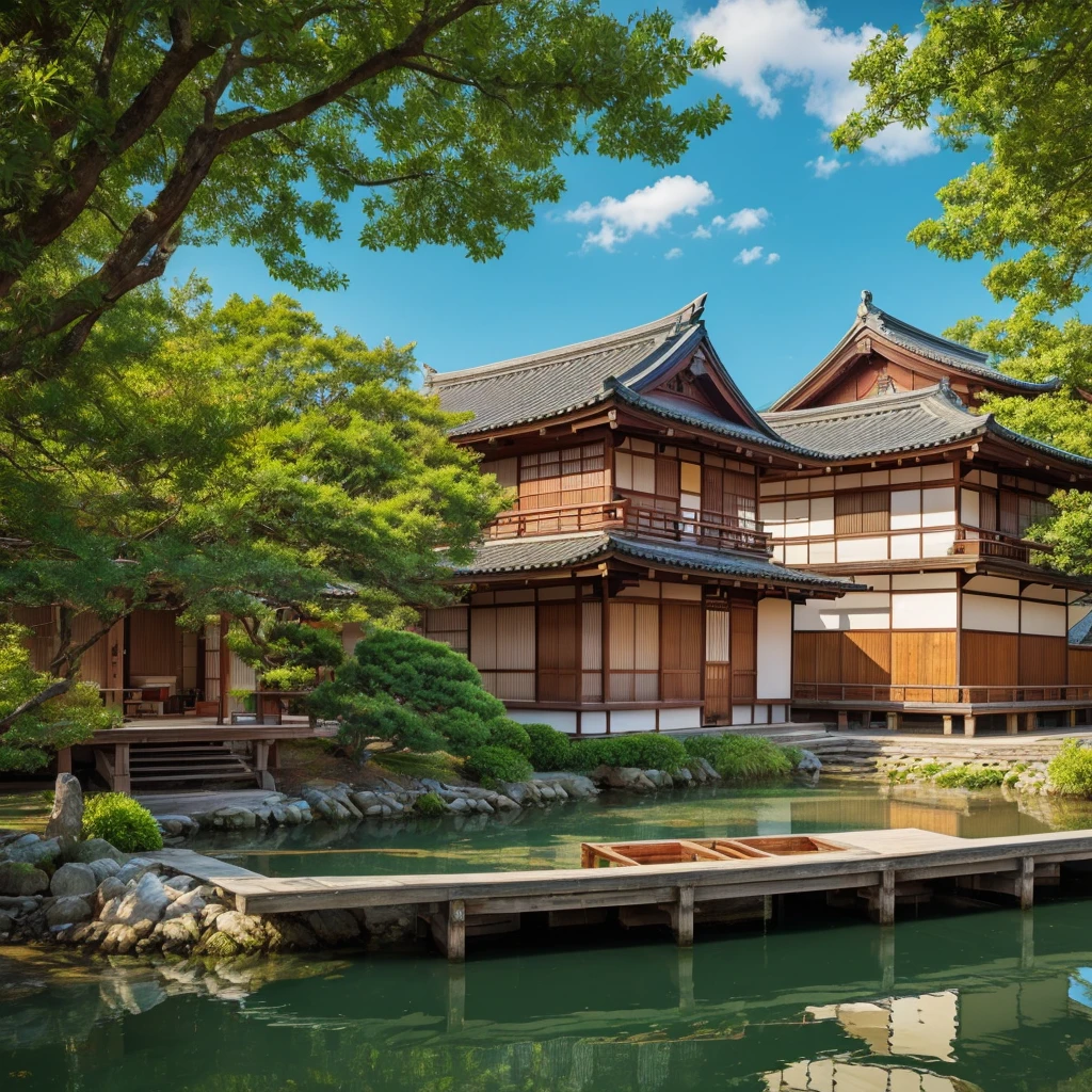 A Japanese water ink book style image with light ink and solid brush strokes, capturing the serene atmosphere of boats moored at the riverbank with fine reflections in the water. The scene includes traditional Japanese architecture with tiled roofs and stone riverbanks, with people strolling. Lush green foliage of trees and natural lighting with realistic textures. The image should convey tranquility, curiosity, and elegance, with vibrant colors and intricate details, including subtle wood grain and texture effects, enhanced by shadows and highlights to emphasize texture, with adjusted lighting and shadows for a more three-dimensional effect.