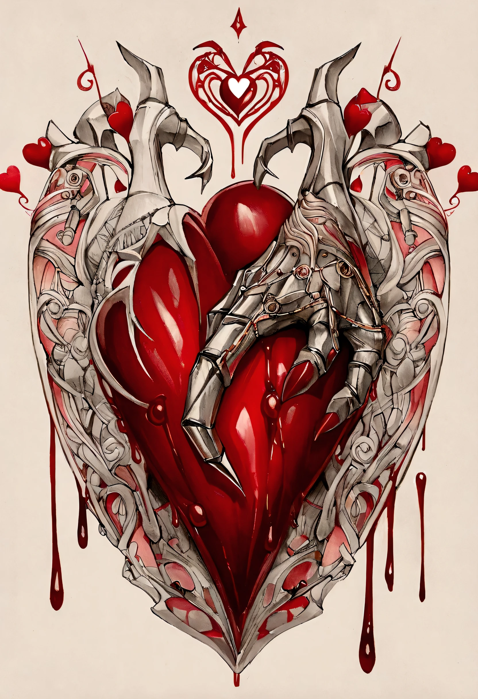 a drawing of a heart with a dragon claw on it, real heart, ✏️🎨, anatomical heart, anatomically correct heart, my heart is human, real heart!, human heart, hand drawn illustration, highly detailed illustration, hand draw, detailed but rough, heart effects, outlined hand drawn, hand - drawn digital art, very detailed feel, hard outline. and the blood dripping is metallic red act as a nail polish. BLOOD DRIP COLOR RED AND ITS METALLIC ACTING LIKE A NAIL POLISH. ADD CHAINS AROUND IT OR GEMS AND NAIL POLISH THAT MAKE IT LOOKS LIKE BLOOD DRIPPING.
