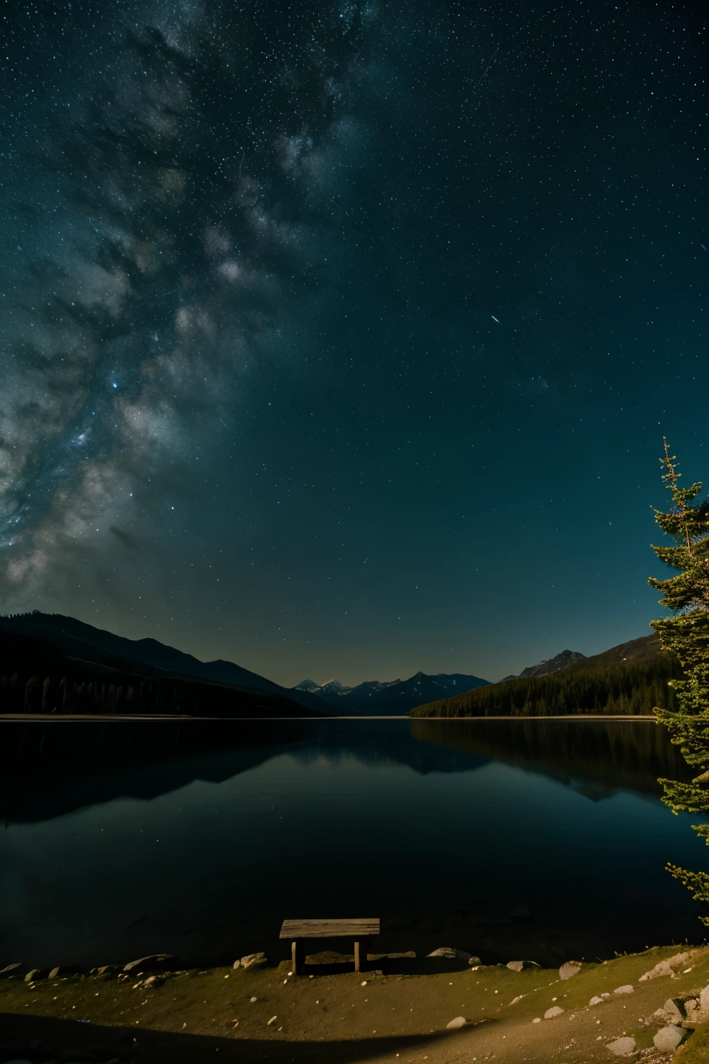 Landscape that expresses loneliness in the mountains with sad trees in front of a lake with a starry sky