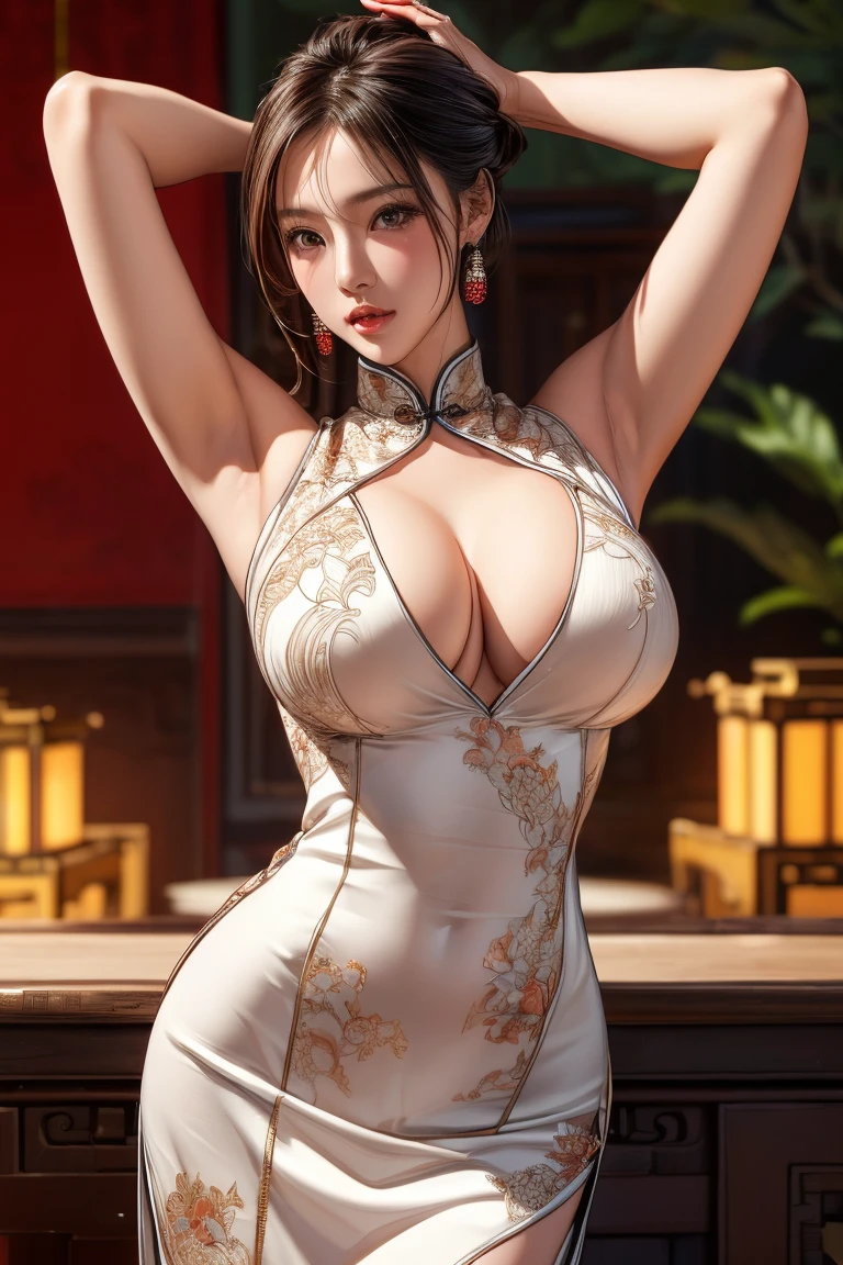 a Chinese woman wearing china dress, highly detailed decorations, (((masterpiece))), ((best quality)), ((intricate detailed)), ((Hyper realistic)),, absurd res, , mature woman, perspective, highly detailed, illustration,, (large breasts), perfect hands, detailed fingers, beautiful detailed eyes, updo hair, brown eyes,(Chinese dress:1.2), earrings, detailed background, perfect eyes,  eyes, standing,( looking at the viewer:1.6),(arms up, hands behind head:1.5)  , , , , big boobs, 