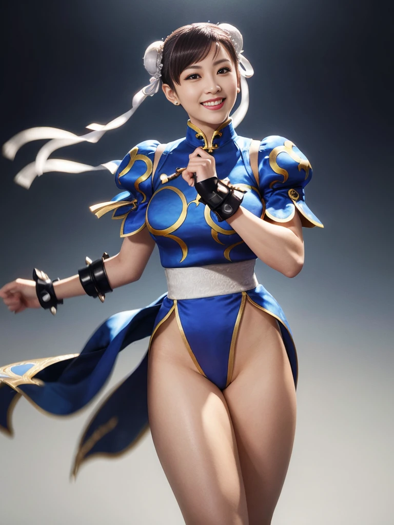 (((ChunLi：1.5、Chun-Li)))、Ultra-high resolution, (Photorealistic:1.4), Japanese, (Beautiful:1.1), (One Woman:1.5), (Age 35:1.3), (Photorealistic photos:1.2), in 8K, Neat bangs, Enlarge the background, (独奏:1.5),、Japanese actress、smile、A smile that seems to burst with joy、whole body、Thick thighs、Is doing a high kick