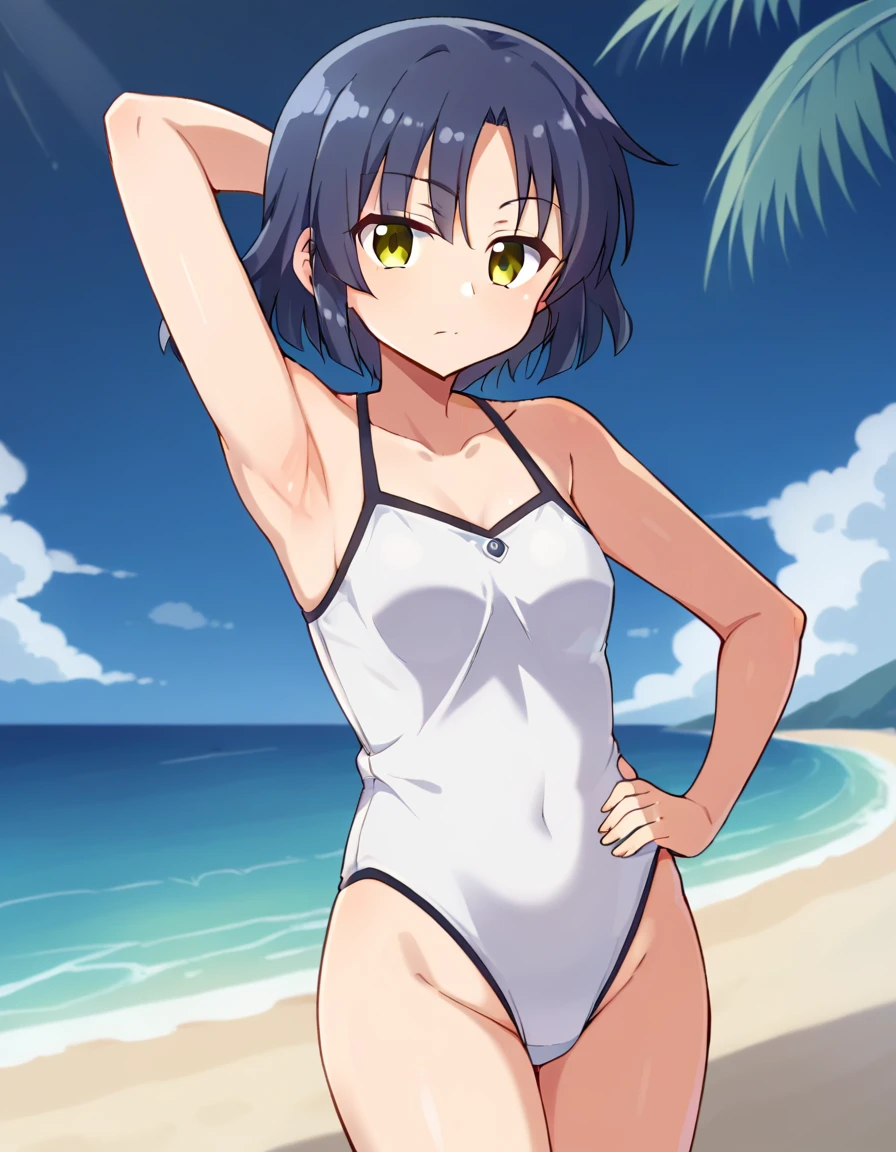 yamada-ryou, high quality, solo, 1girl, night sky, beach, arm behind head, hand on hip, (contrapposto), closed mouth, spread armpits, (cowboy shot:1.5), looking at viewer, best quality,