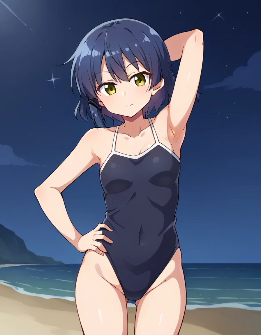 yamada-ryou, high quality, solo, 1girl, night sky, beach, arm behind head, hand on hip, (contrapposto), closed mouth, spread armpits, (cowboy shot:1.5), looking at viewer, best quality,