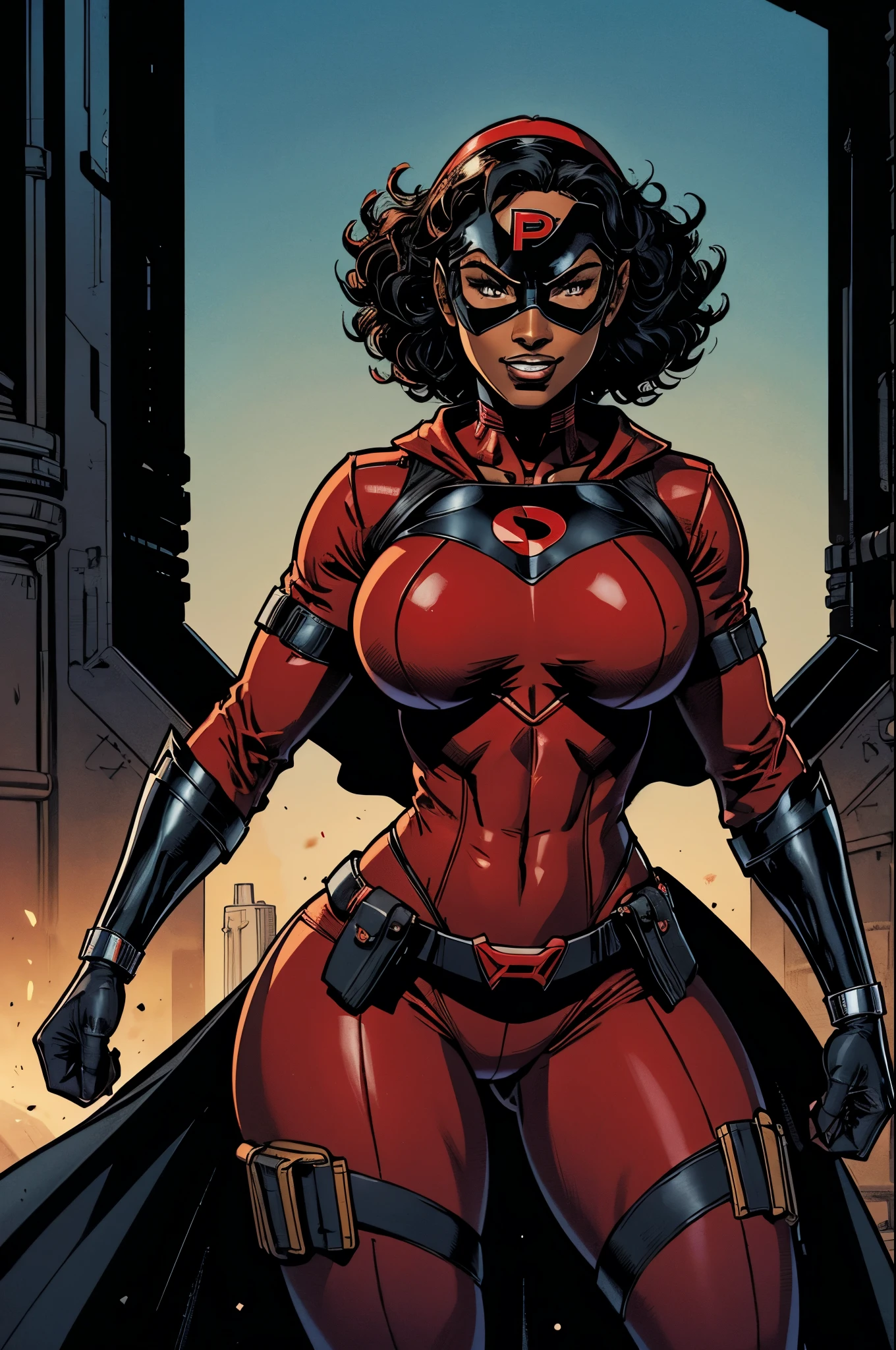 Cardinal, a beautiful superhero woman with (dark skin) wearing a black and red bodysuit, long sleeves, leggings, mask and visor.  Athletic, huge breasts, wide hips. Short curly black hair, batons, utility belt, bracers. Cheerful. Short mini half cape. Confident.