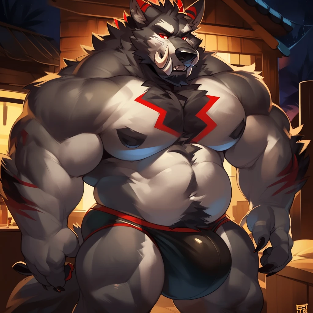 Solo, male (((giant, tall, wolf, werewolf, red eyes, grey body, Muscular, broad shoulders, hyper pecs, huge pecs, huge muscles, muscular arms, muscular thighs, abs, 6 pack, sharp teeth, black chest hair, black nose, tail, tusks, clawed hands, clawed feet, big tusks, horns, big horns, body marking, red markings, black claws, scruffy cheeks, huge bulge))) forest, night, standing ((male focus, focus wolf, focus tusks, focus teeth)) rubbing stomach, detailed hands, detailed eyes, detailed face, detailed teeth, detailed tusks, detailed arms, detailed abs, detailed bulge, detailed snout, briefs, black briefs, big briefs, accurate tusk placement, perfect anatomy, by darkgem, by mystikfox61, by glitter trap boy
