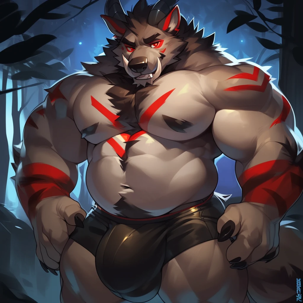 Solo, male (((giant, tall, wolf, werewolf, red eyes, grey body, Muscular, broad shoulders, hyper pecs, huge pecs, huge muscles, muscular arms, muscular thighs, abs, 6 pack, sharp teeth, black chest hair, black nose, tail, tusks, clawed hands, clawed feet, big tusks, horns, big horns, body marking, red markings, black claws, scruffy cheeks, huge bulge))) forest, night, standing ((male focus, focus wolf, focus tusks, focus teeth)) rubbing stomach, detailed hands, detailed eyes, detailed face, detailed teeth, detailed tusks, detailed arms, detailed abs, detailed bulge, detailed snout, briefs, black briefs, big briefs, accurate tusk placement, perfect anatomy, by darkgem, by mystikfox61, by glitter trap boy