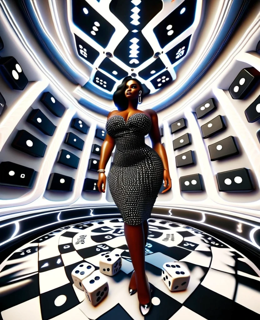 fish eye lens view from a low angle shot of a curvy Black woman in a beautiful dress standing in a dice designed room, with rolling dice designs on the walls, floor and ceilings, 32k ultra HD, hyper-realistic image, unreal engine rendered 