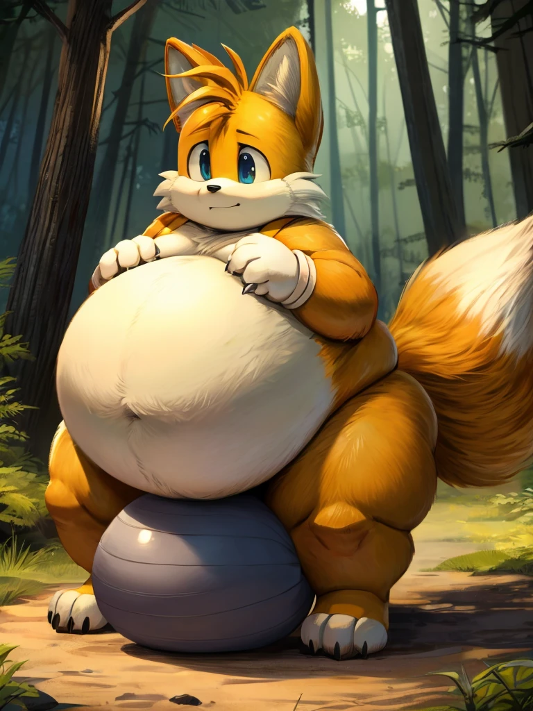 Miles Tails Prower、Giant Monsterountain of fat、The body is buried due to fat、The stomach is triangular、、Extreme obesity、very thick fat、my stomach touches the ground、Stomach like a giant balance ball、Saggy belly、detailed eyes, Thick and fat thighs、very very tall、animal-like legs、Cheeks that store fat、thick and short arms、huge torso、thick neck、fat neck、sharp claws、legs buried in fat thick and long tail、thick twisted corners、in a small forest,