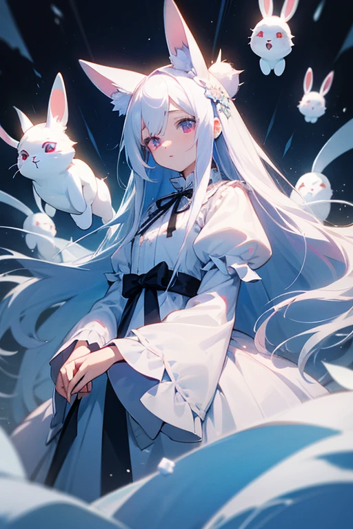 A young girl with long straight white hair。Droopy eyes and ephemeral appearance、Ice blue and pink odd eyes。A princess with the ability to control snow。spirit。sacred、beautiful、cute Lolita Dresses、I like rabbits