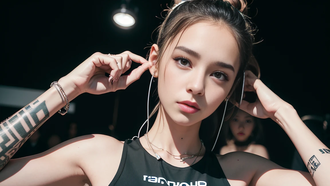 techno music, house music, dancing girls, DJ girl, Hang the headphones from her neck, realistic, high res, tank top, tattoos, piercing, brads, live music, class, Nightclub DJ, Dancing Inspired, Looking at Camera, Wide shooting, cinema lens, skin glowing,