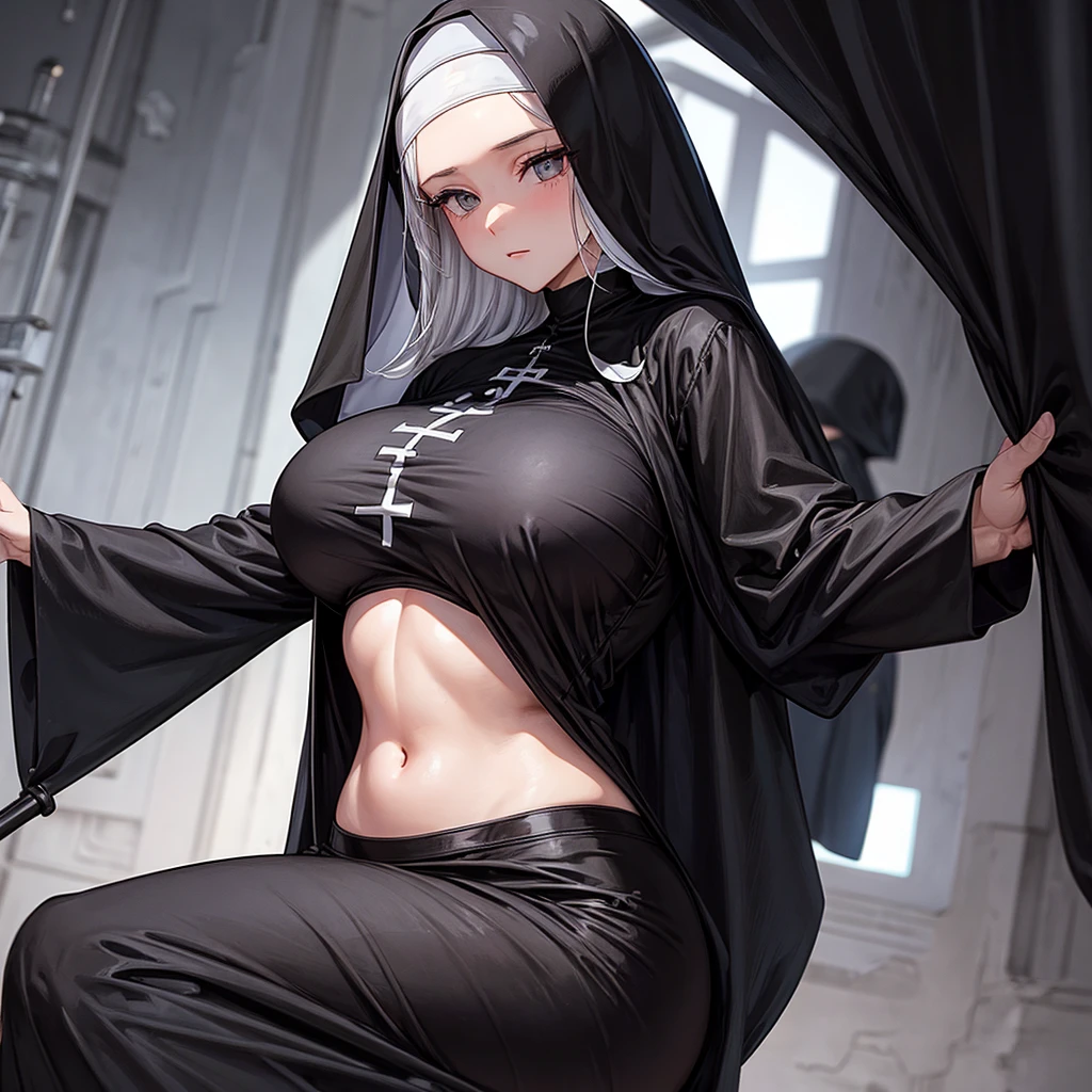 black Nun clothes, huge waist, solo, leaning down on back, butts focus, big breasts