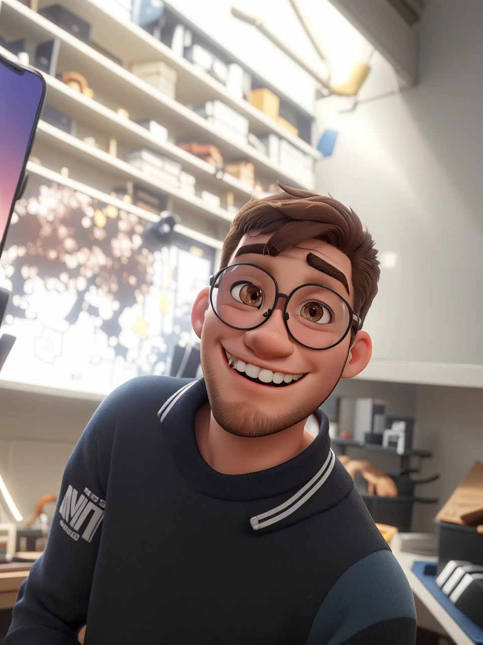 a 23 year old boy , with brown hair cut in a gradient style ,with beard , Round glasses , Black Costume, smiling,with a happy look , brown dark eyes,in cell phone technical assistance, sentado em uma cadeira gamer , highly real, ultra HD, Bright dark, Super detailed with several tools 