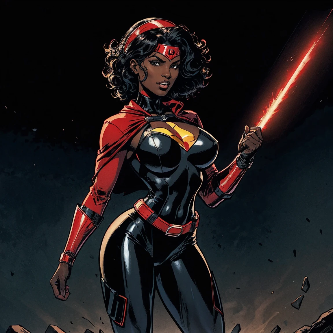 Cardinal, a beautiful woman with (dark skin) wearing a black and red bodysuit, long sleeves, leggings, mask and visor. Athletic, huge breasts, wide hips. Short curly black hair, batons, utility belt, bracers. Cheerful. Short mini half cape. Confident.
